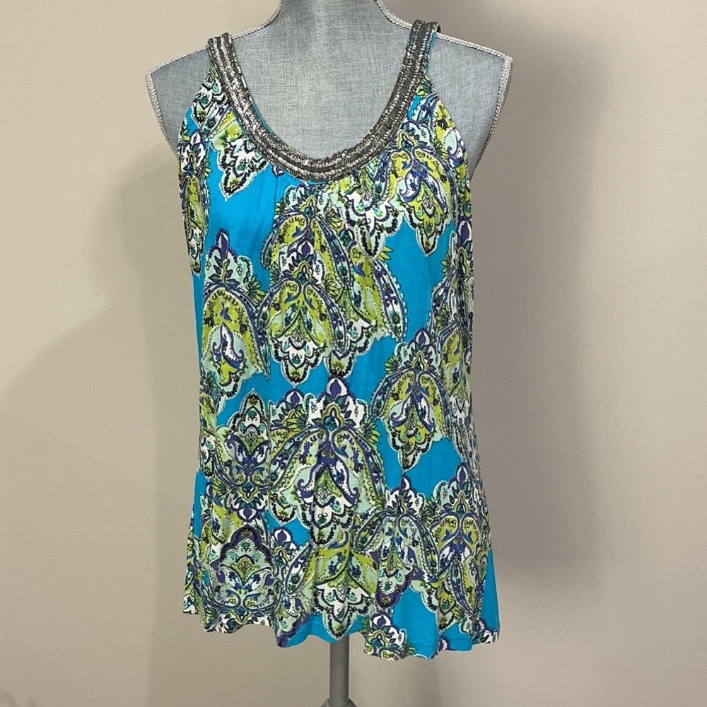 INC International Concepts Blue and Lime Paisley Beaded neckline Tank, Lg Petite